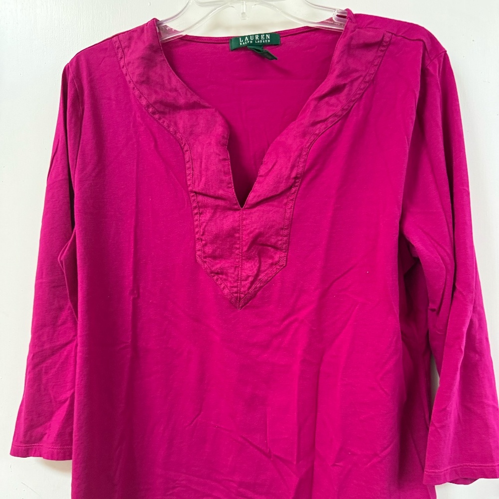 Ralph Lauren Fuchsia Split V-Neck Cotton Tunic Top